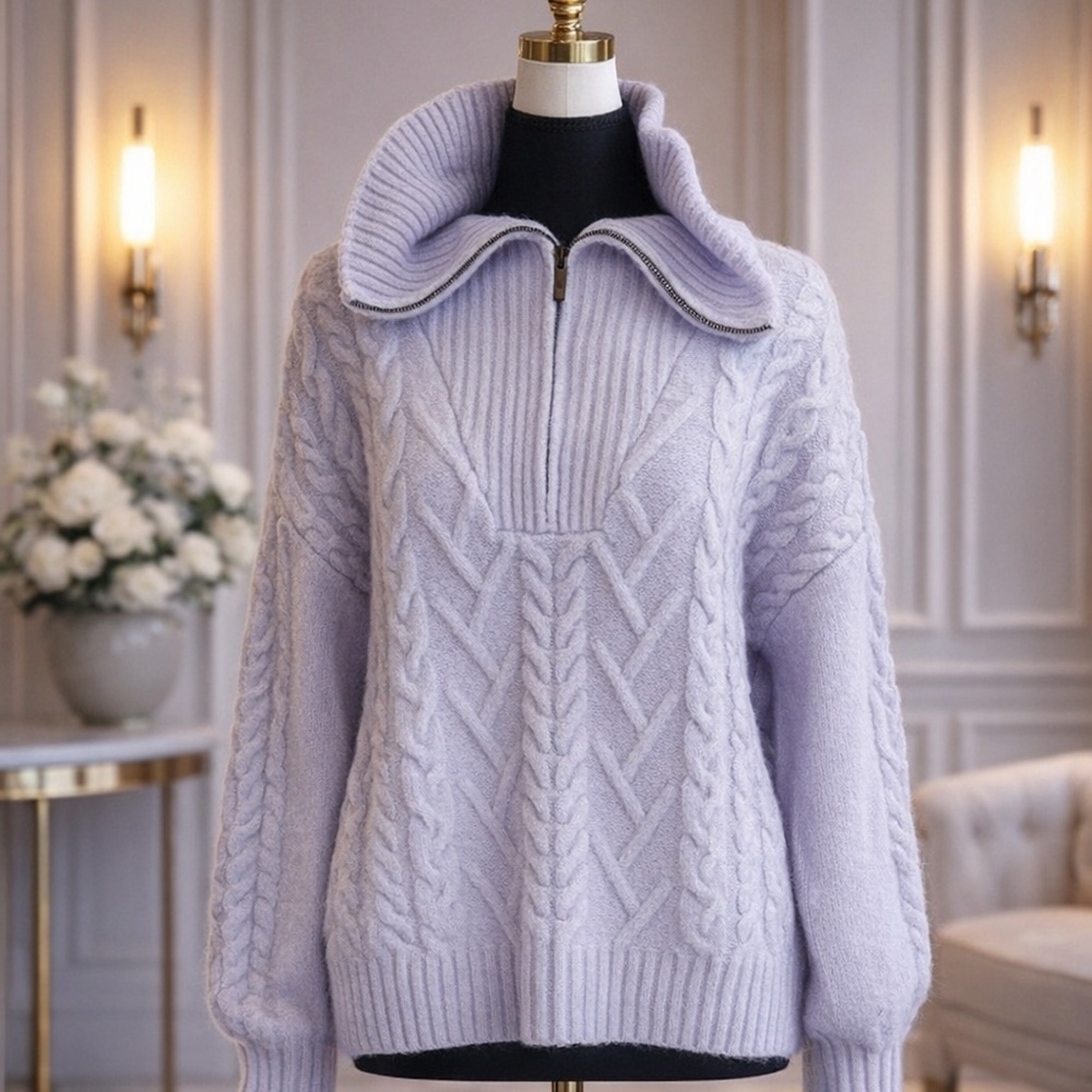 Luxury "Line The Label" Lavender Cozy Cable Knit Quarter-Zip Sweater Size L BNWT